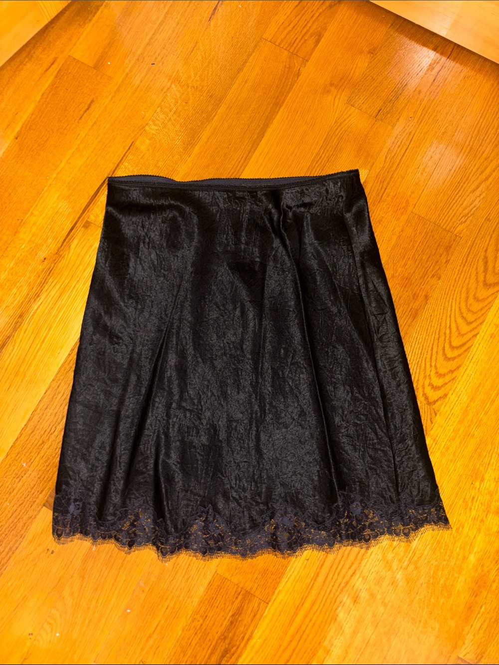 J. Crew Black Crinkle Satin A-Line Skirt with Lace Hem